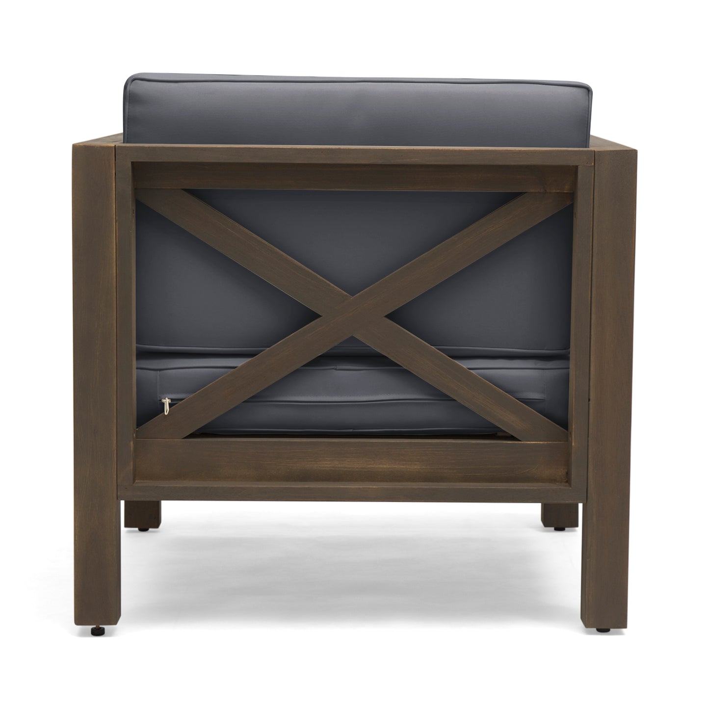 Back view of a dark brown wooden armchair with a modern crisscross design and dark grey cushions