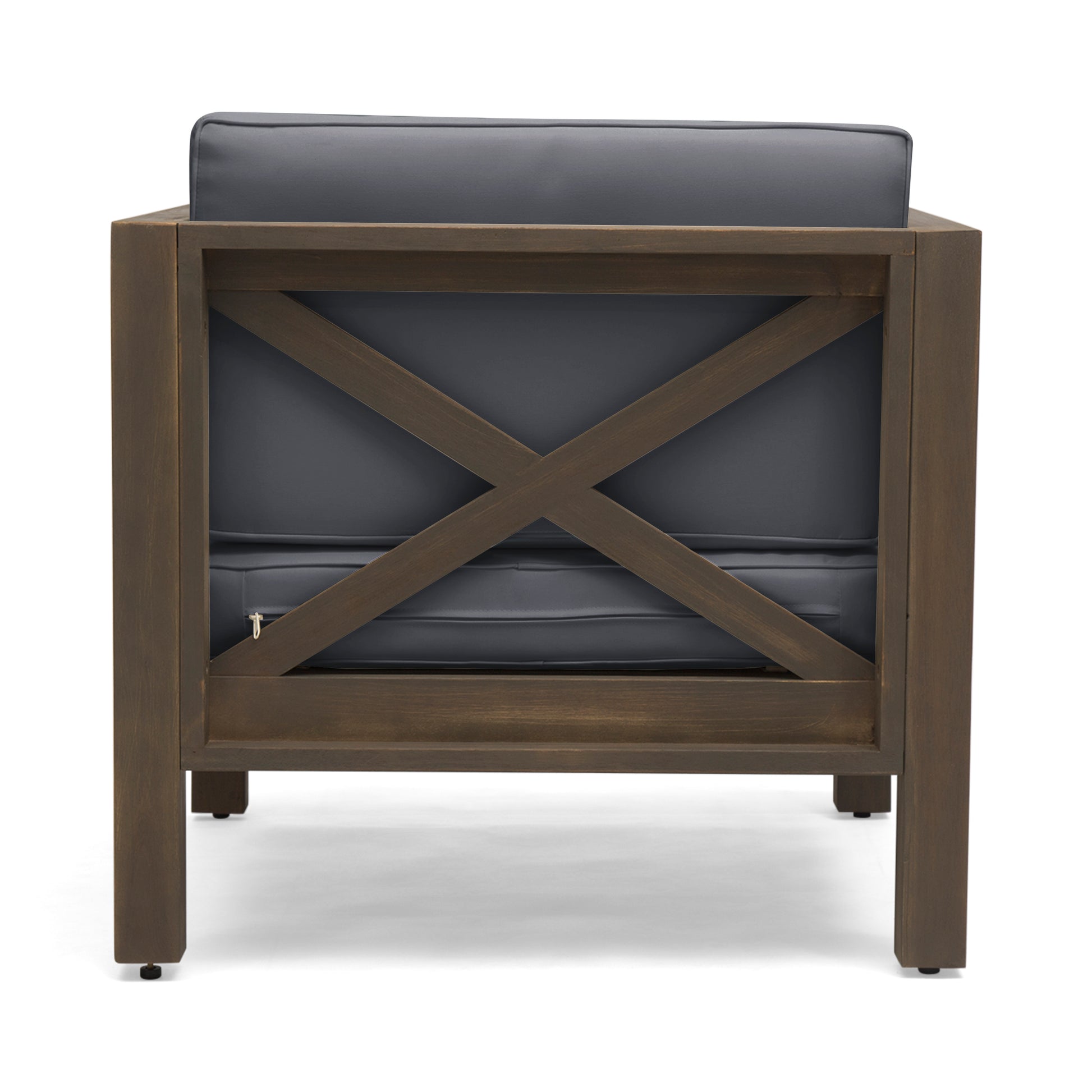Back view of a dark brown wooden armchair with a modern crisscross design and dark grey cushions
