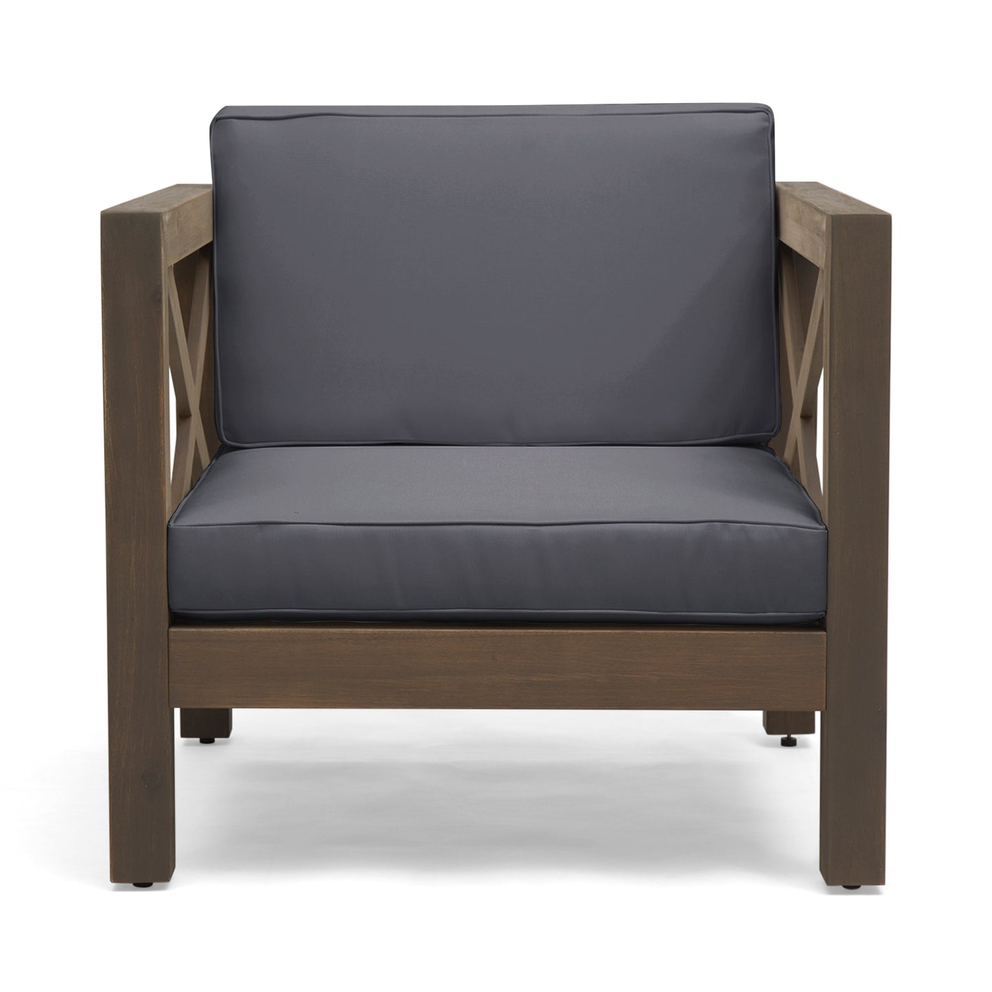 Modern outdoor armchair with distressed wood frame and dark gray cushions