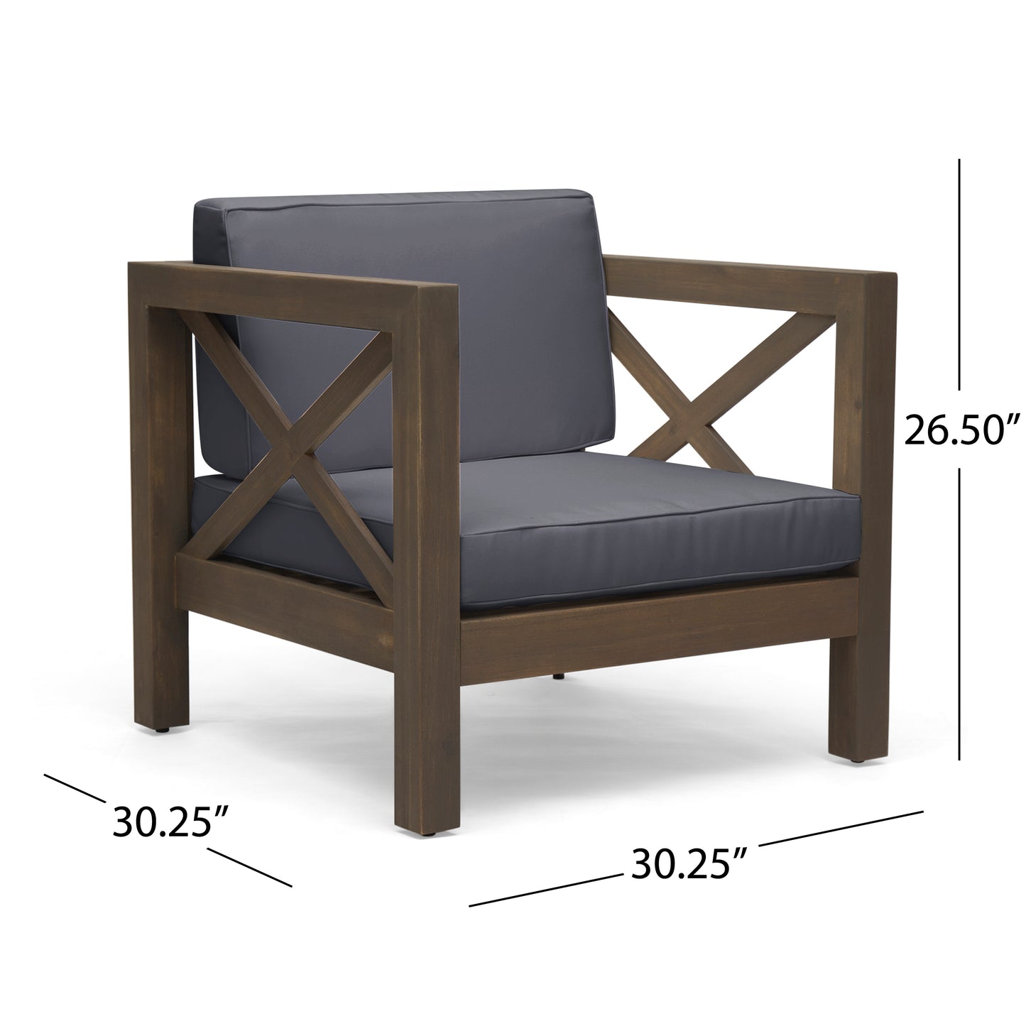 Rustic brown wooden armchair with dark gray cushions for patio seating