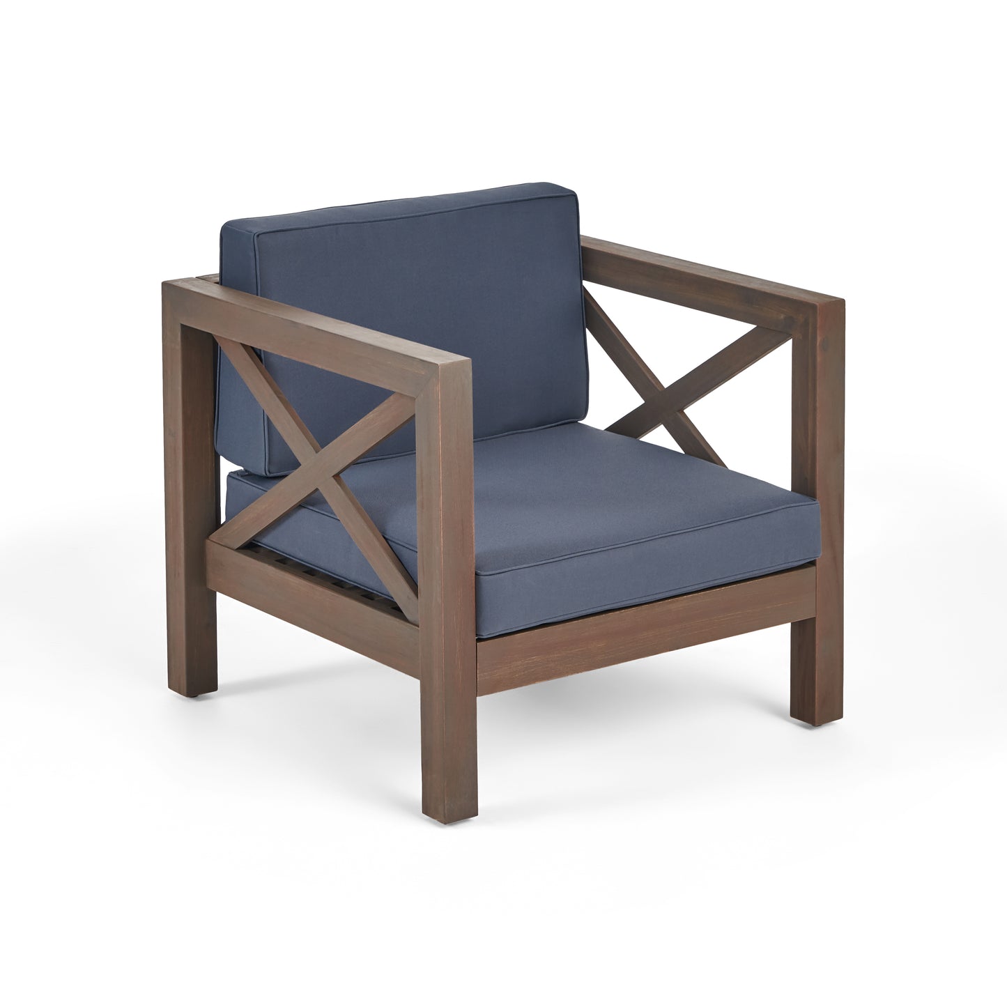 Dark brown wooden armchair with navy blue cushions and crossed armrests