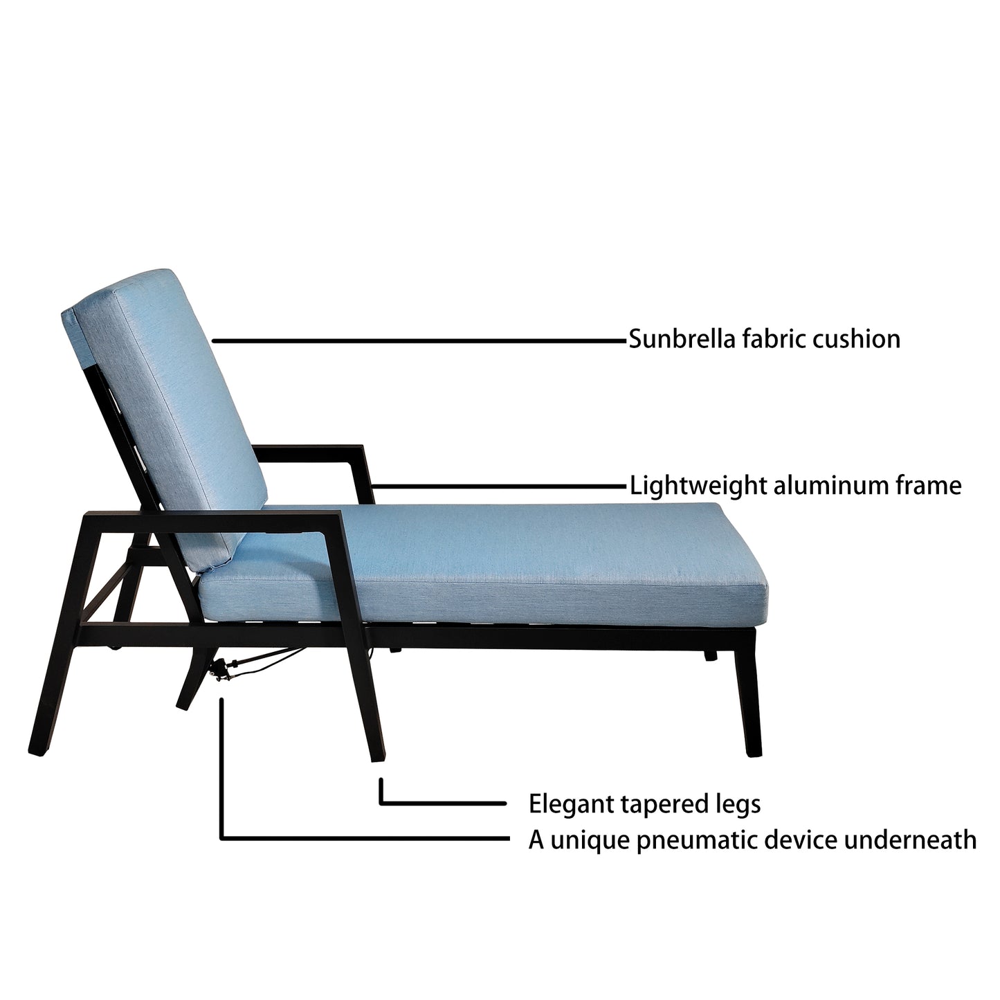 Light blue Sunbrella cushion on a black aluminum frame chaise lounge