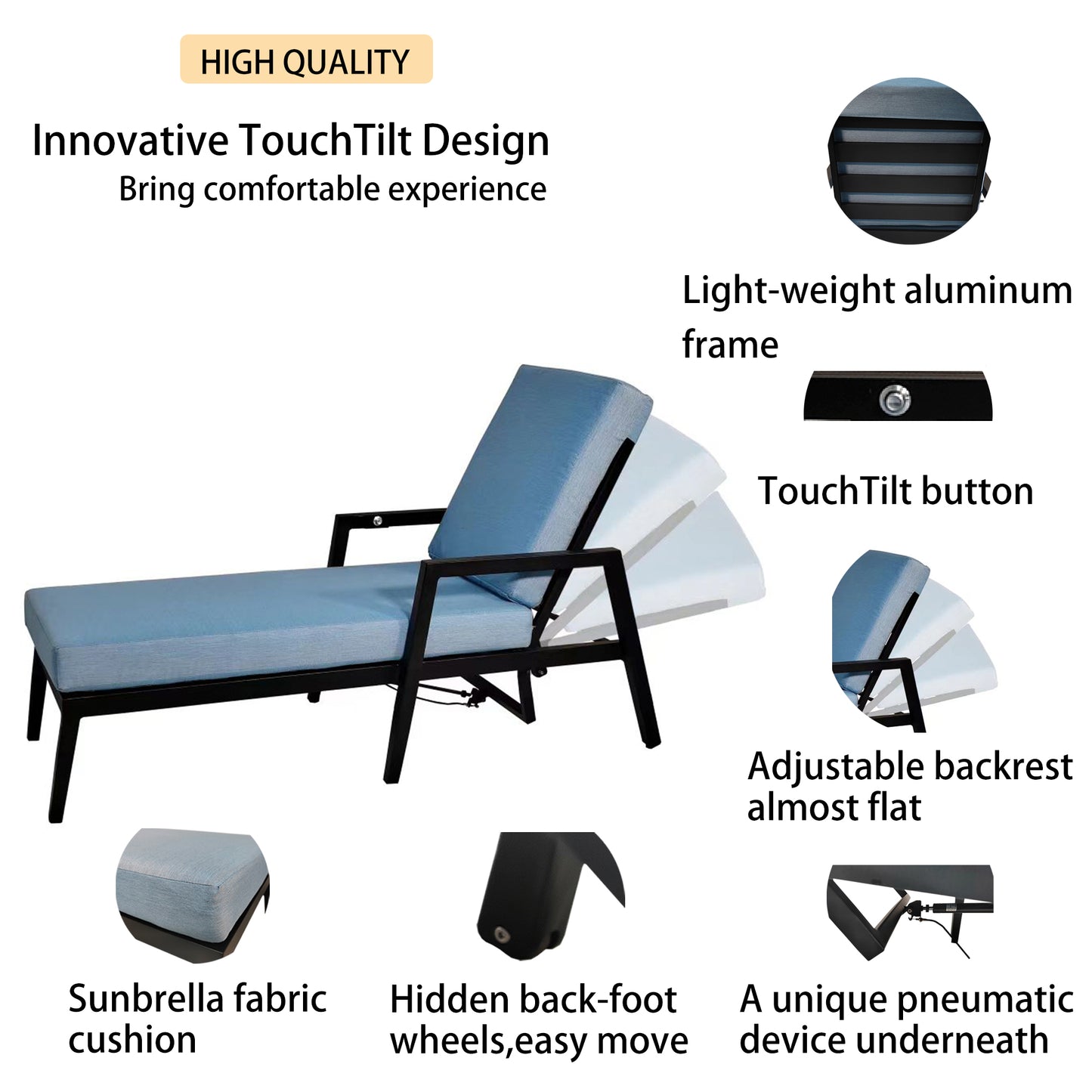 Blue fabric chaise lounge with black aluminum frame and TouchTilt adjust