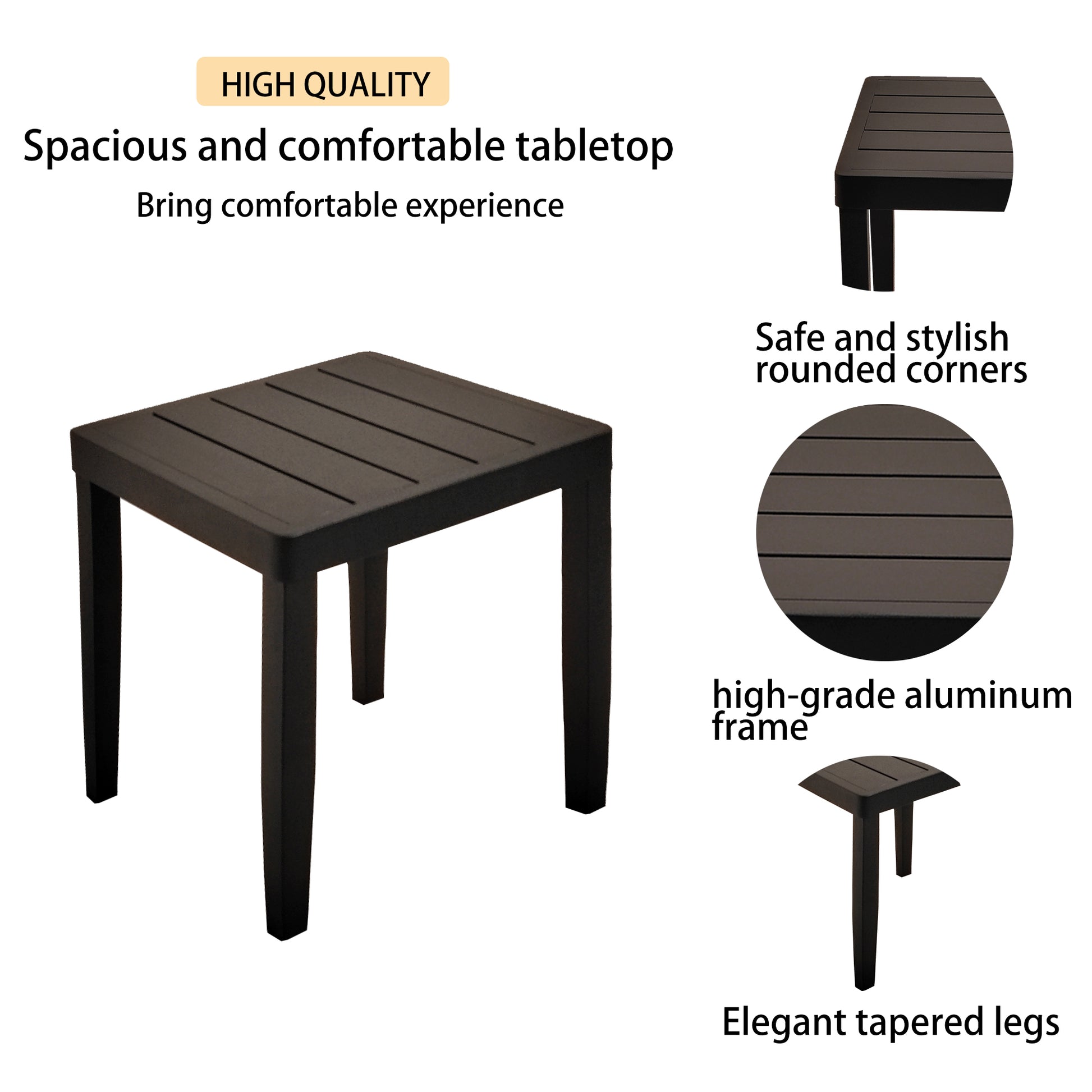 Dark brown slatted aluminum side table with tapered legs for patio use