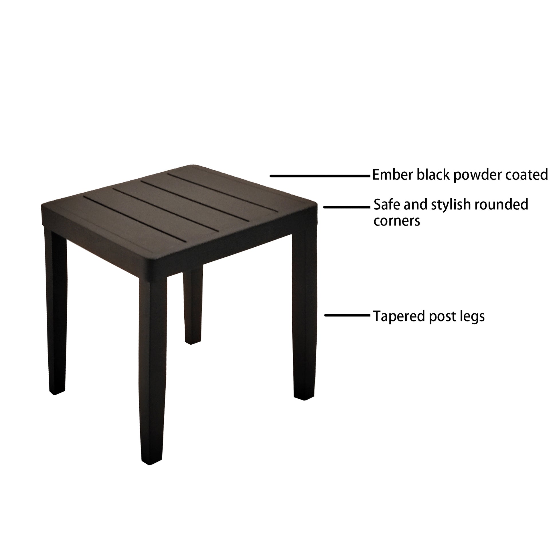 Modern black side table with ember black powder coat and tapered legs
