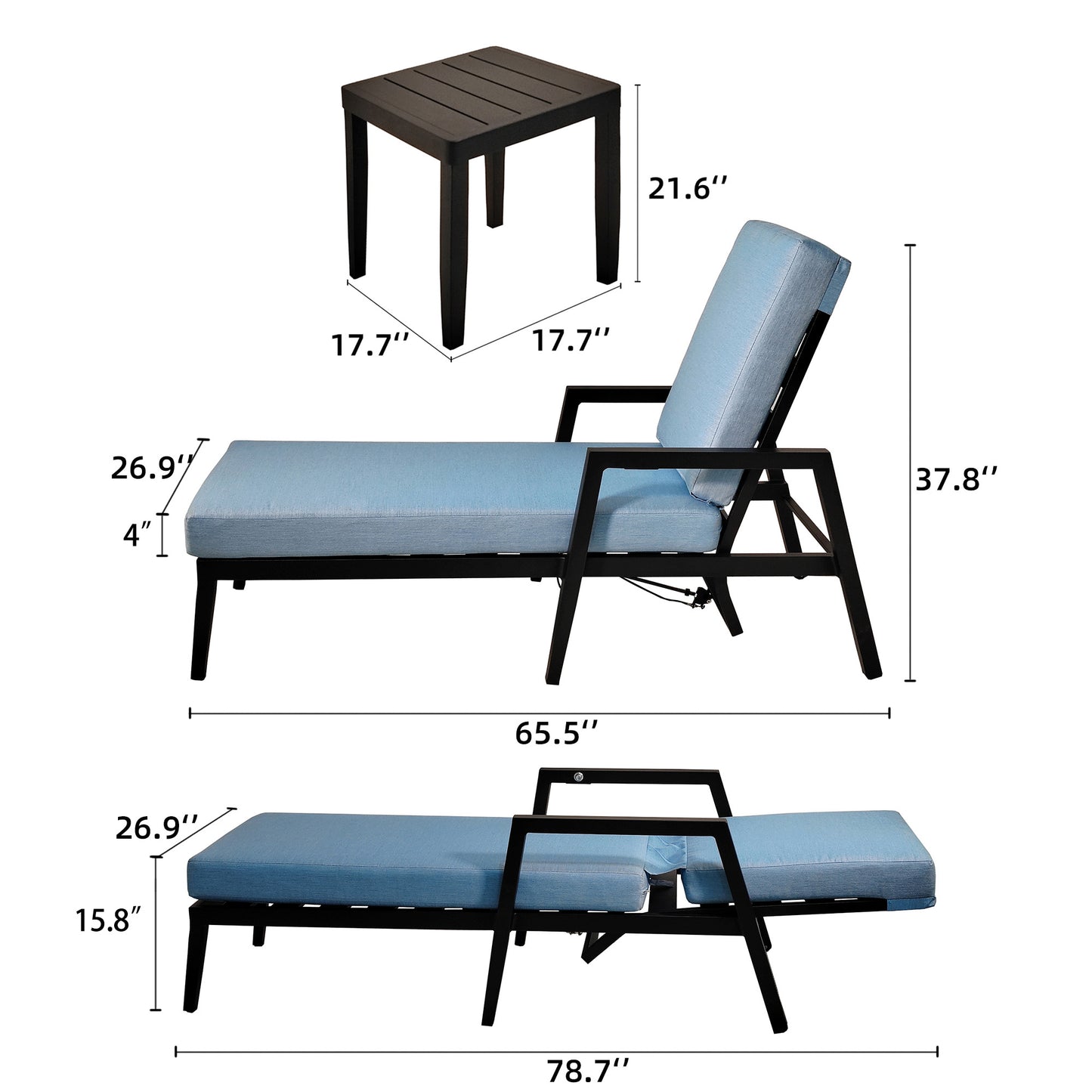 Black slatted patio side table with black metal frame and blue upholstered chaise lounge