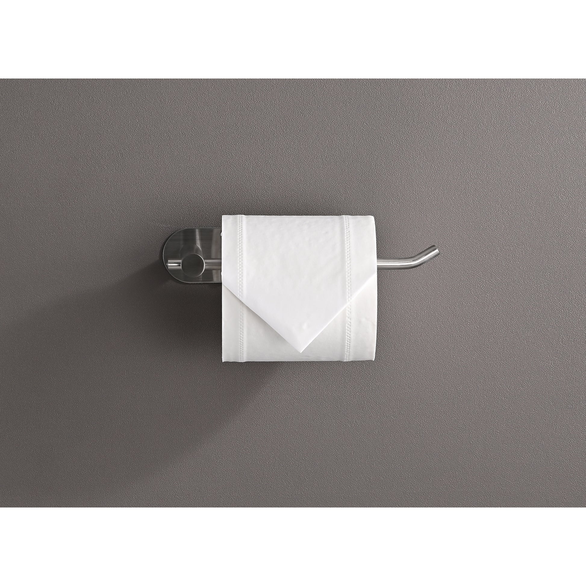 Modern brushed stainless steel toilet paper holder with a single roll of white ply toilet paper