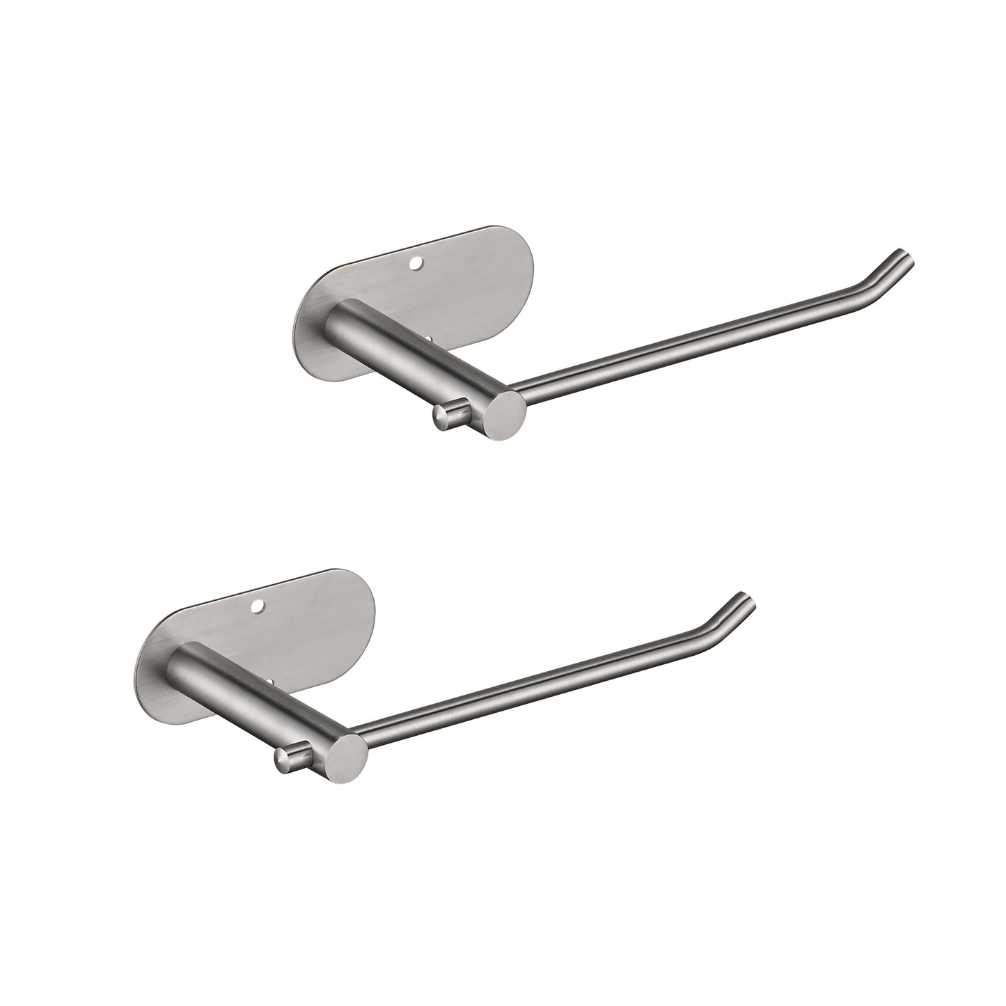 Two brushed stainless steel toilet paper holders mounted on white background