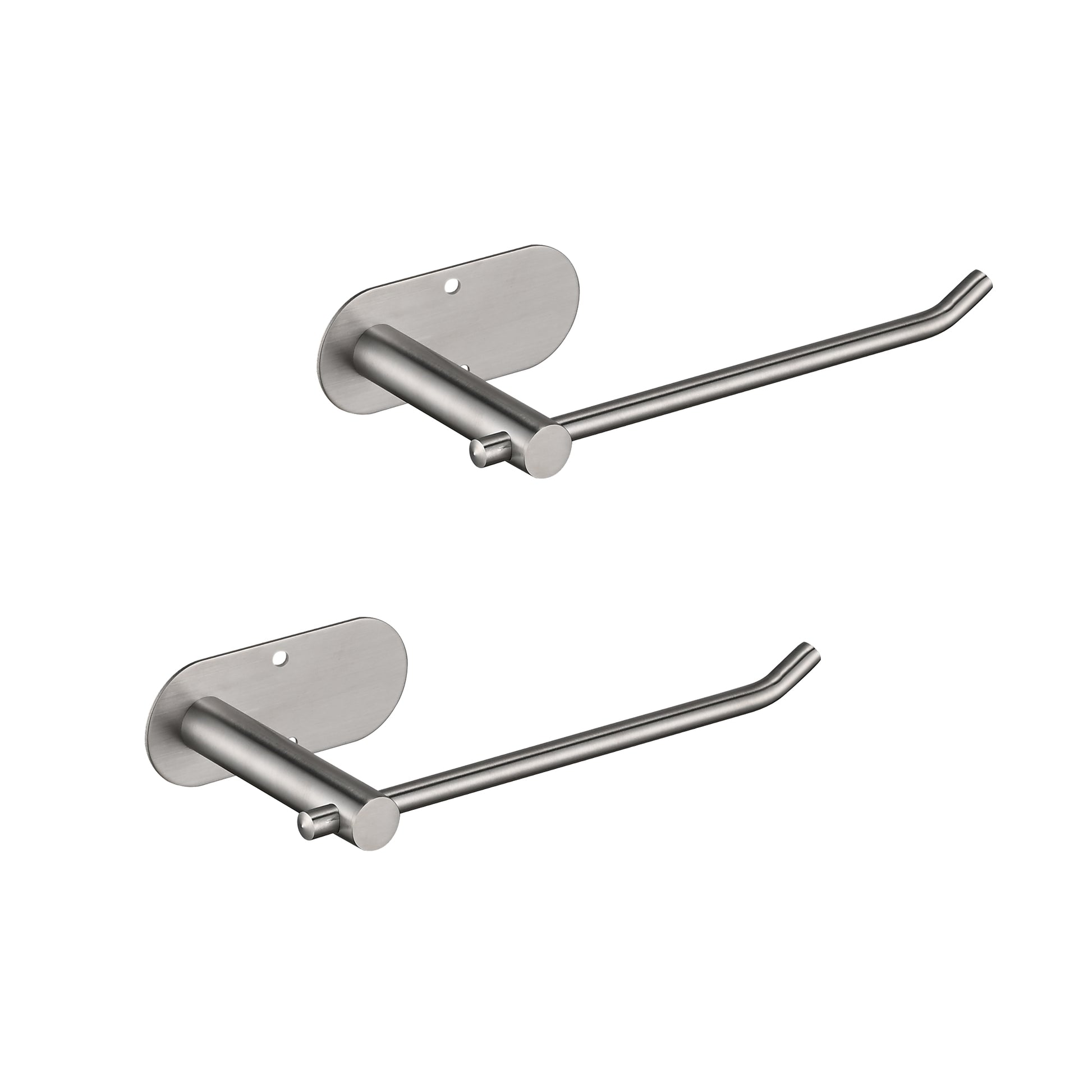 Two brushed stainless steel toilet paper holders mounted on white background