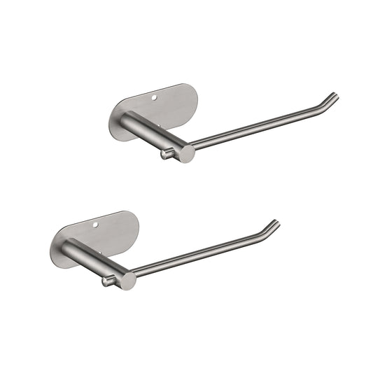 Two brushed stainless steel toilet paper holders mounted on white background