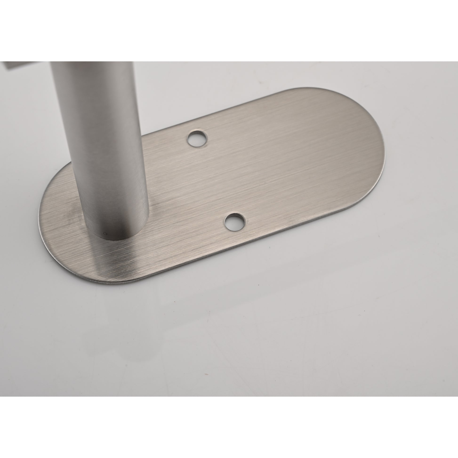 Brushed nickel stair railing bracket with oval mounting plate and two screw holes