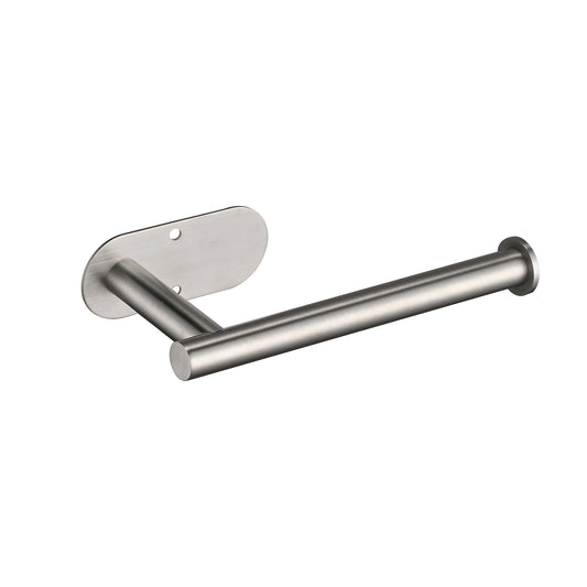 Brushed nickel toilet paper holder with a minimalist design for modern bathrooms