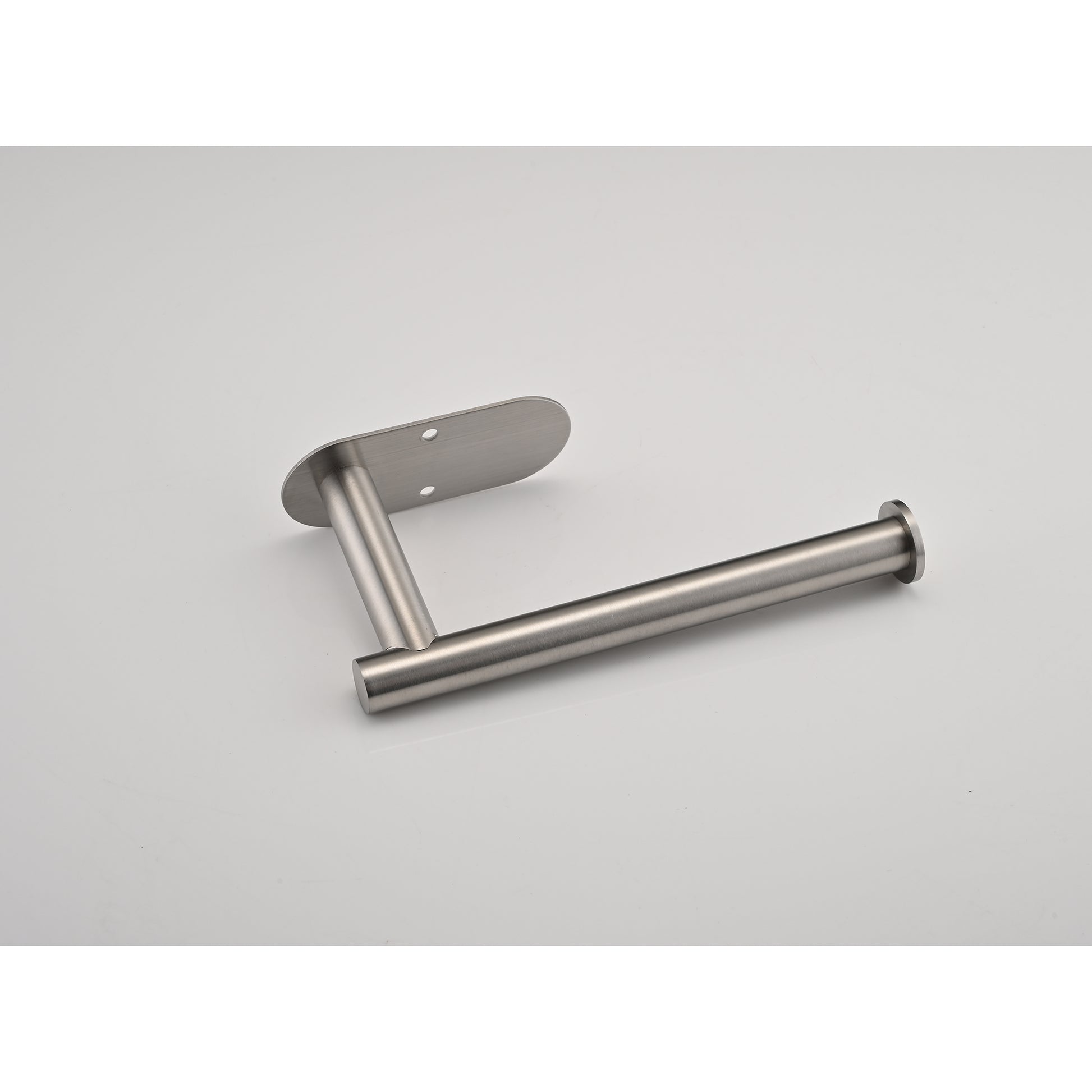 Brushed nickel wallmounted toilet paper holder with a modern minimalist design for bathrooms