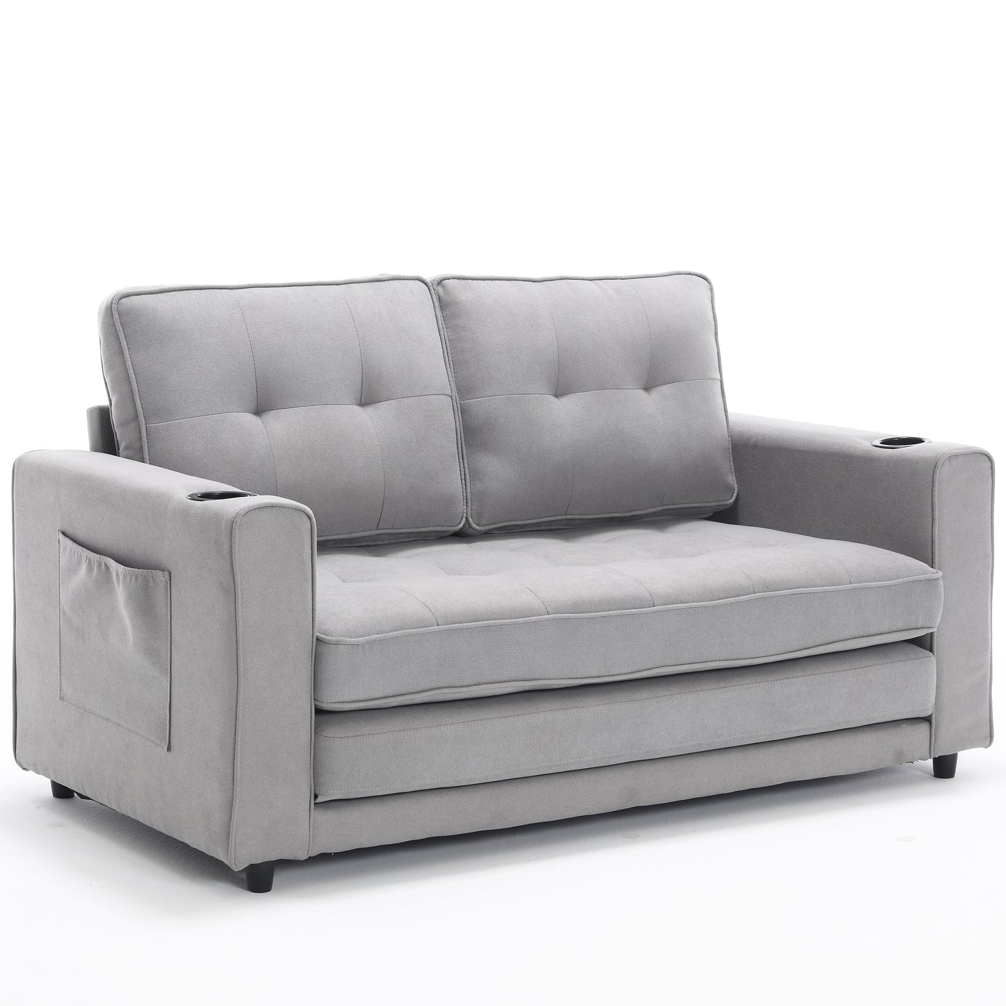 Grey fabric loveseat with cup holders pocket and tufted cushions