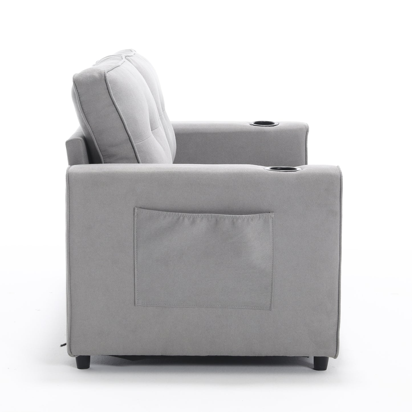 Side view of a gray fabric sofa with two cup holders and a side pocket