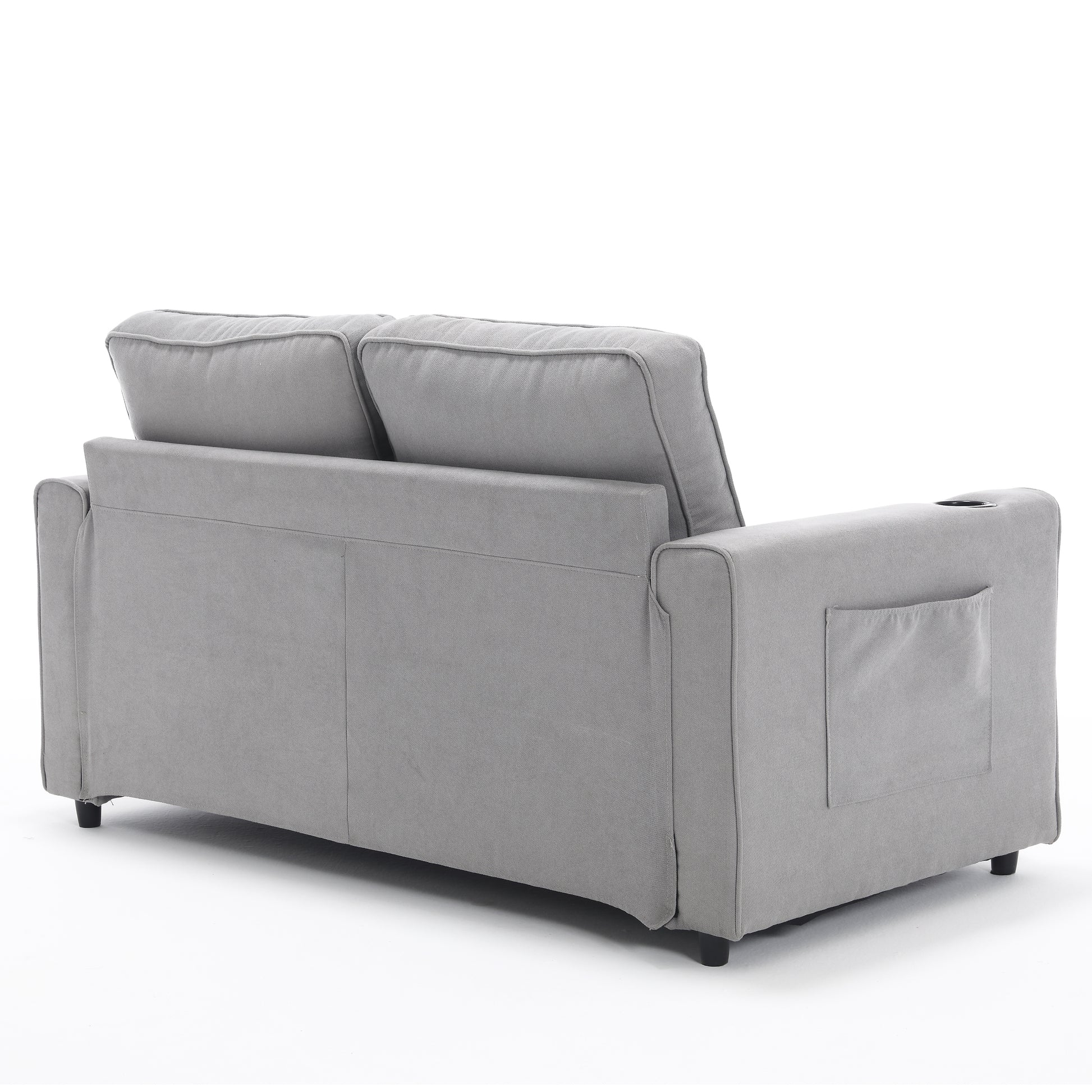 Grey fabric sofa with plush cushions armrest pocket and cup holder for modern living rooms