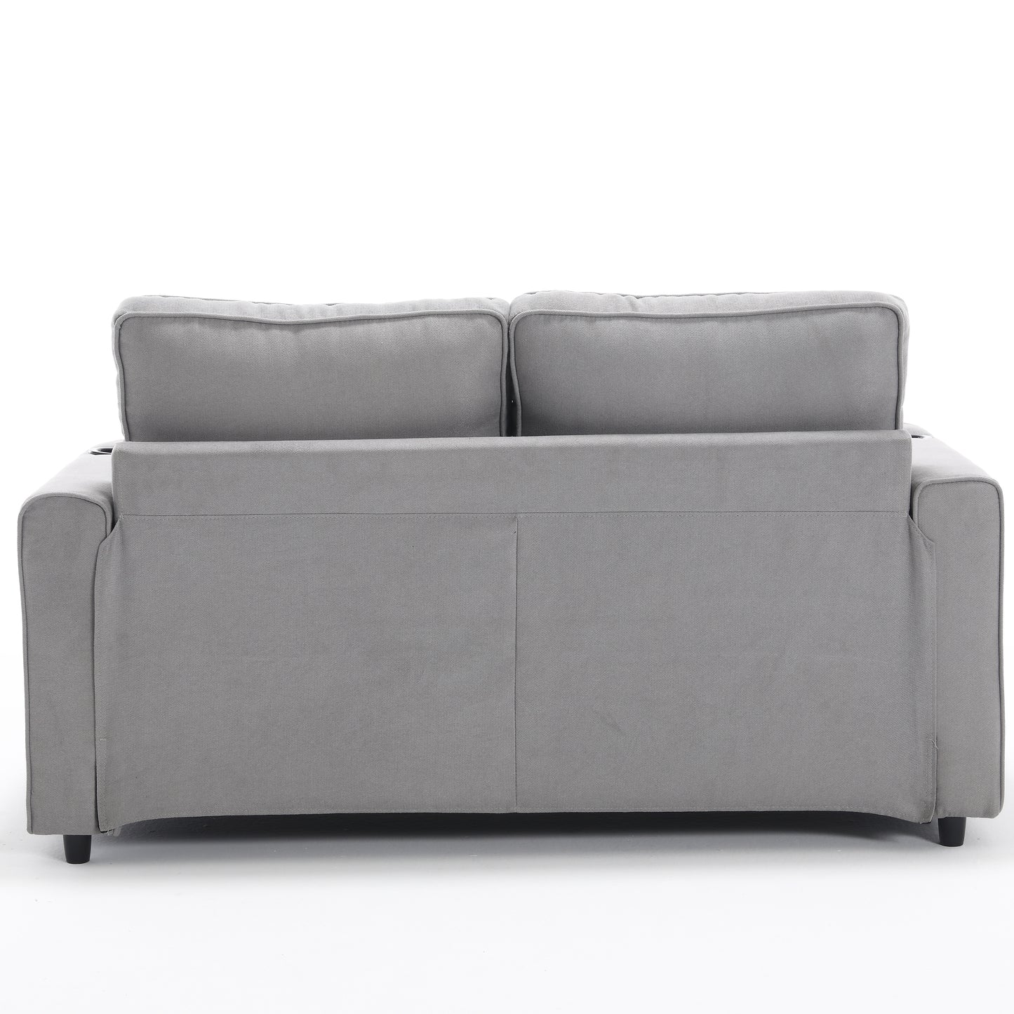 Back view of a plush gray fabric sofa with deep seat cushions and lumbar support for ultimate comfort