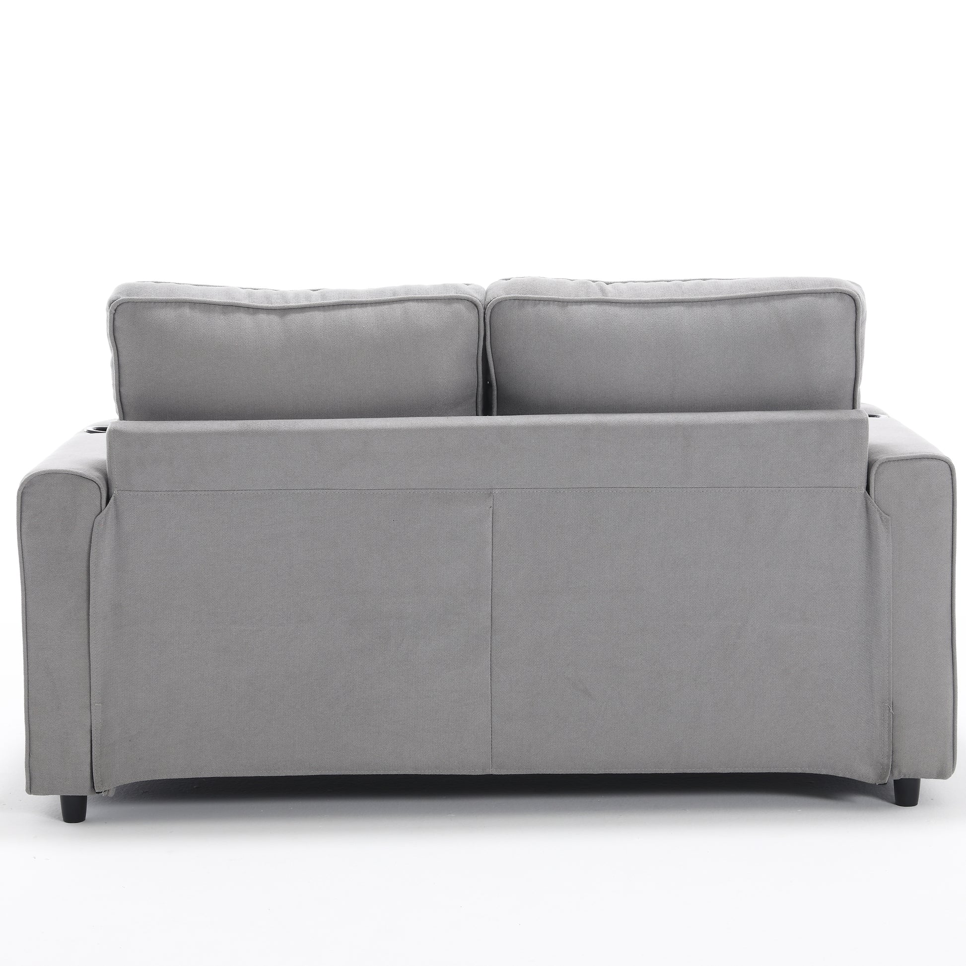 Back view of a plush gray fabric sofa with deep seat cushions and lumbar support for ultimate comfort
