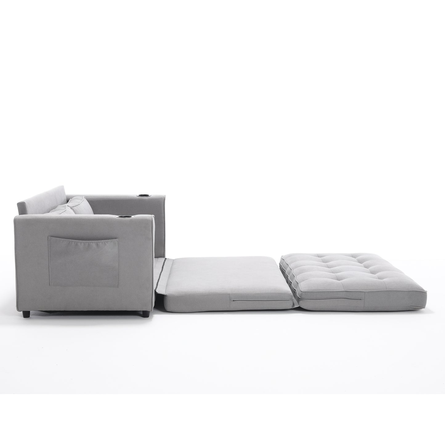 Grey fabric sofa bed with pullout mattress and cup holders ideal for small spaces