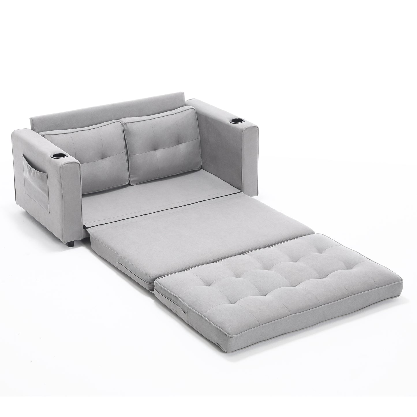 Gray convertible sofa bed with builtin cup holders and side pocket