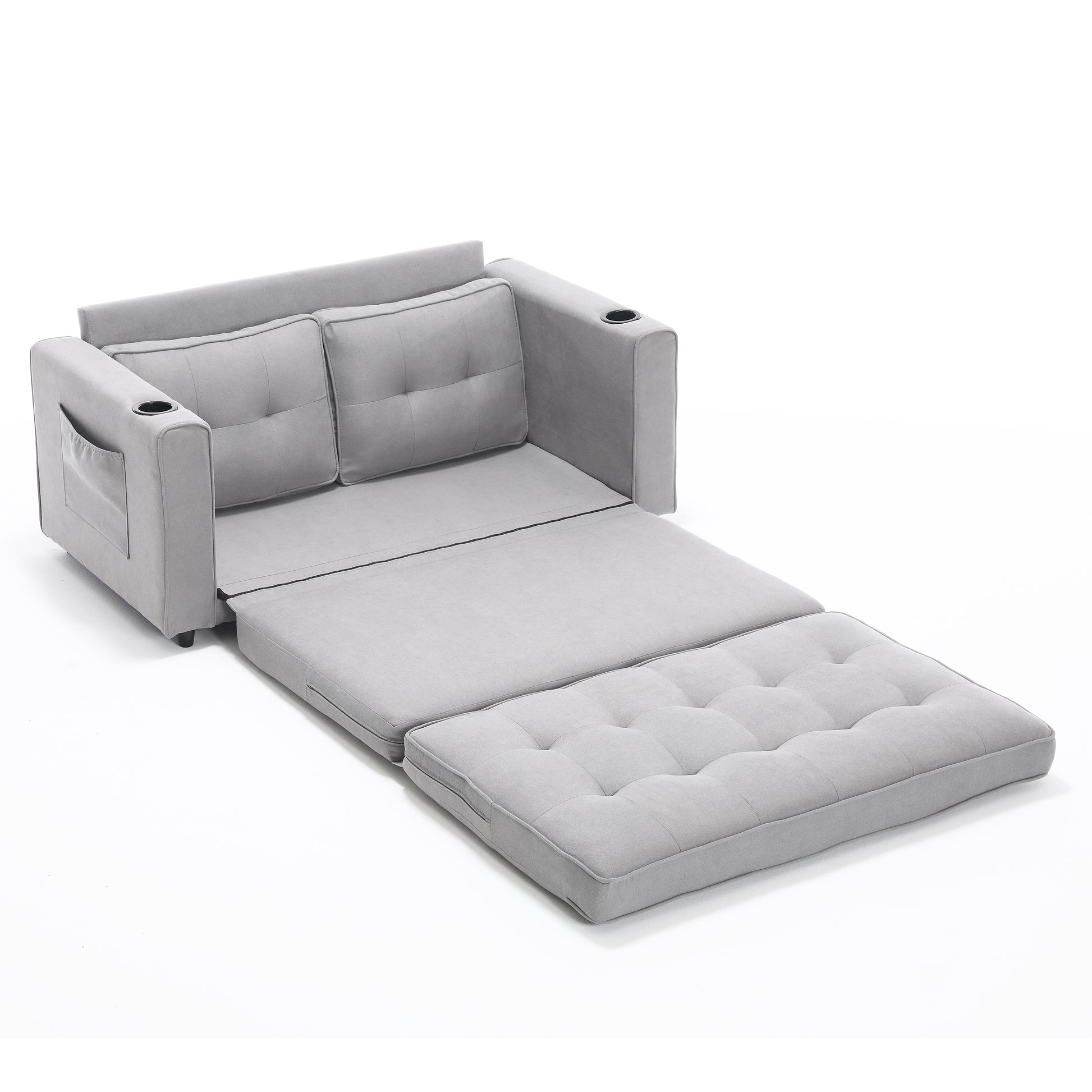 Gray convertible sofa bed with builtin cup holders and side pocket