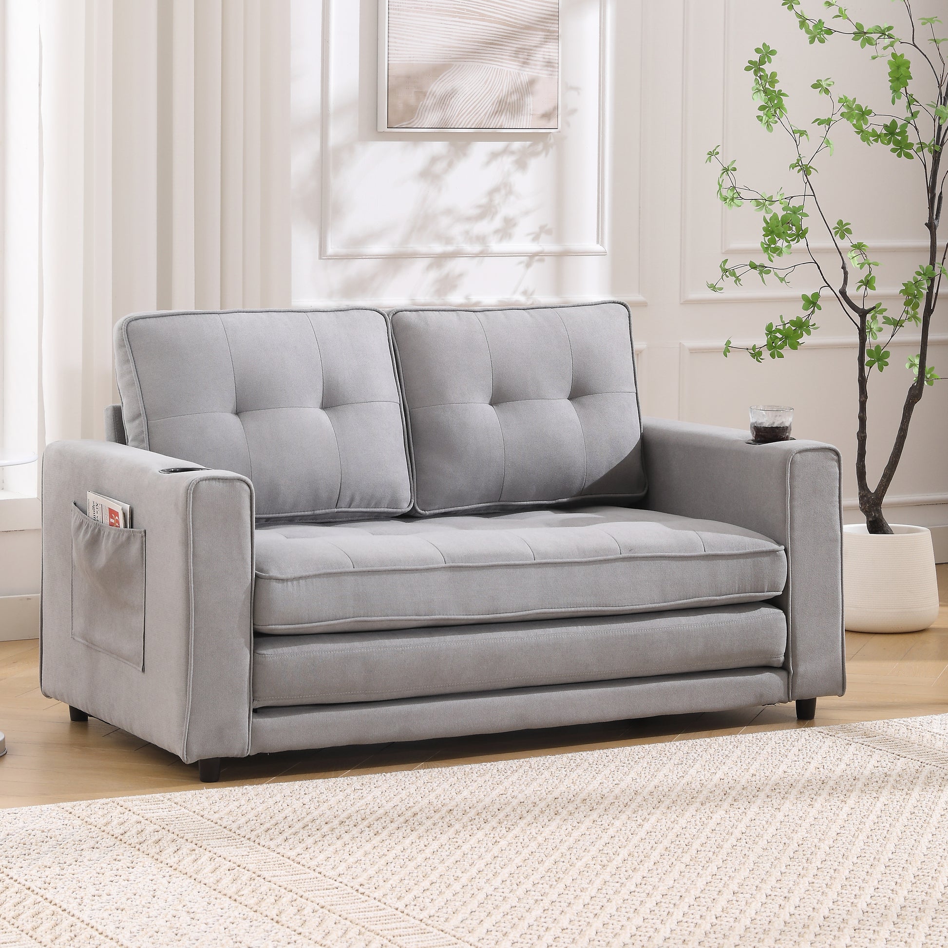 Tufted gray loveseat with builtin side pocket and cup holder modern living room furniture