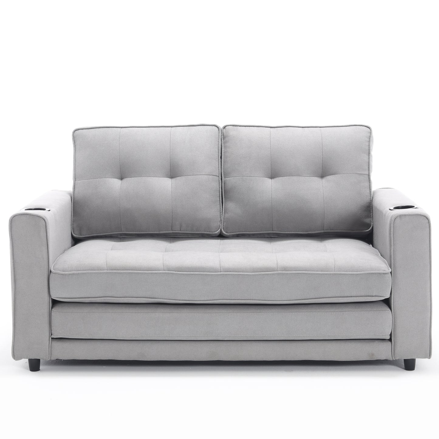 Gray tufted fabric sofa with builtin cup holders on armrests