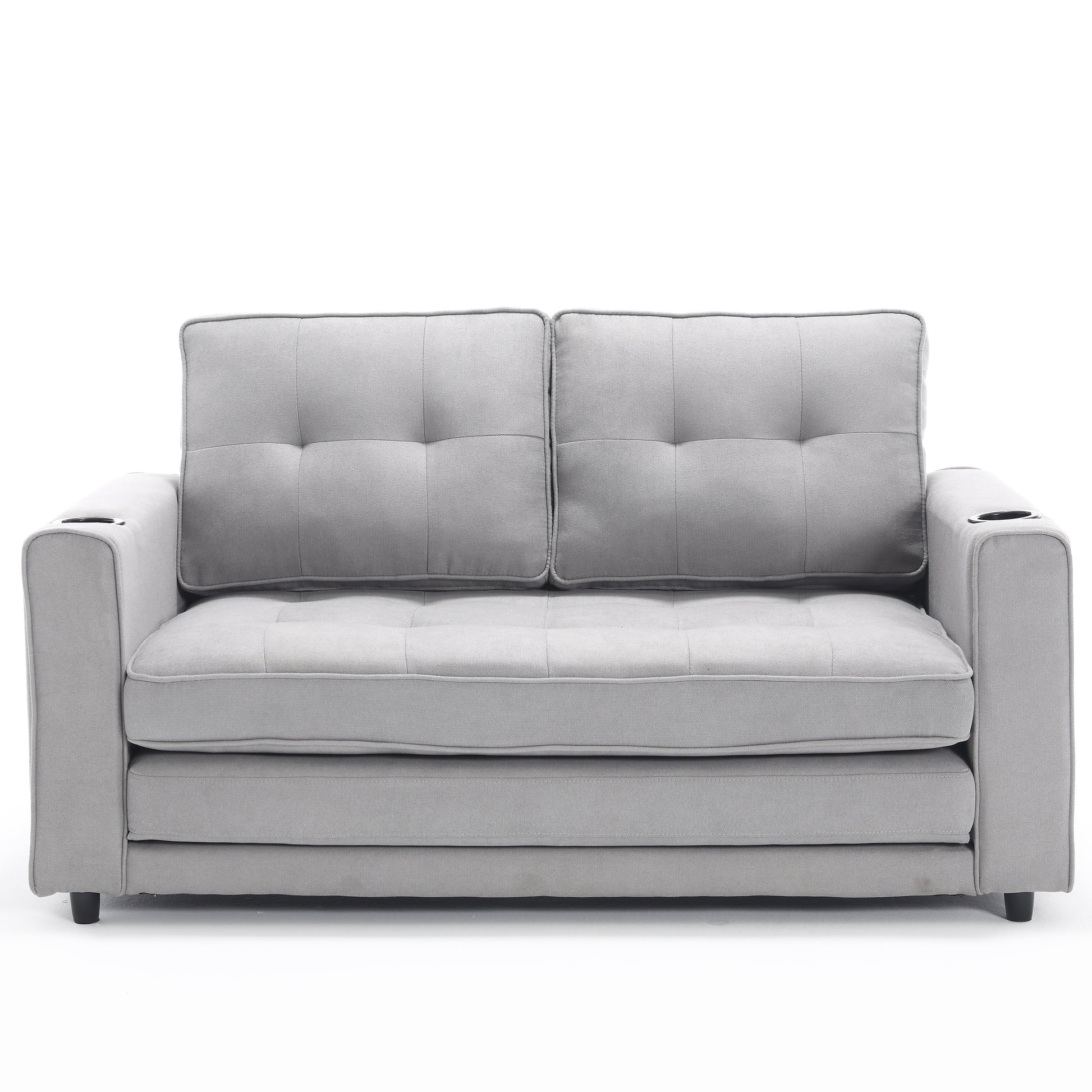 Gray tufted fabric sofa with builtin cup holders on armrests