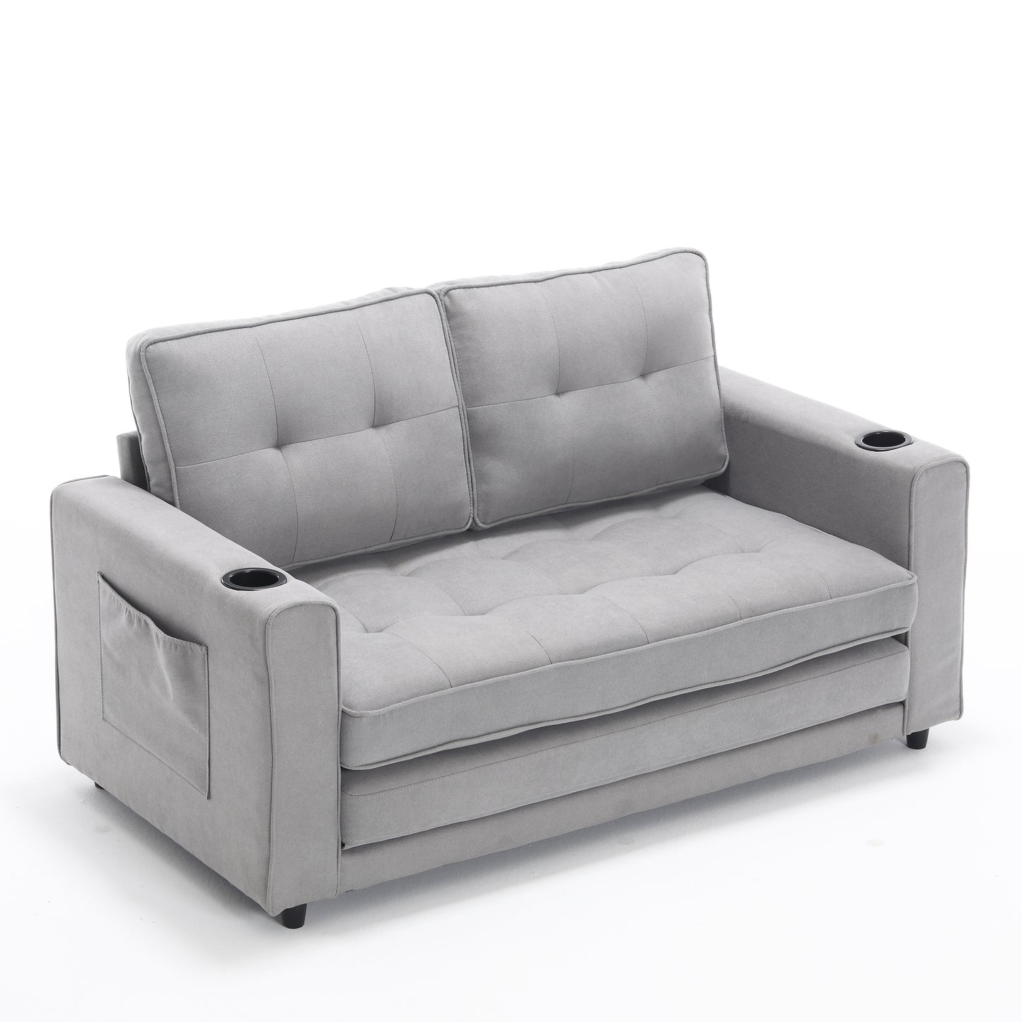 Light grey tufted loveseat sofa with builtin cup holders and side pocket