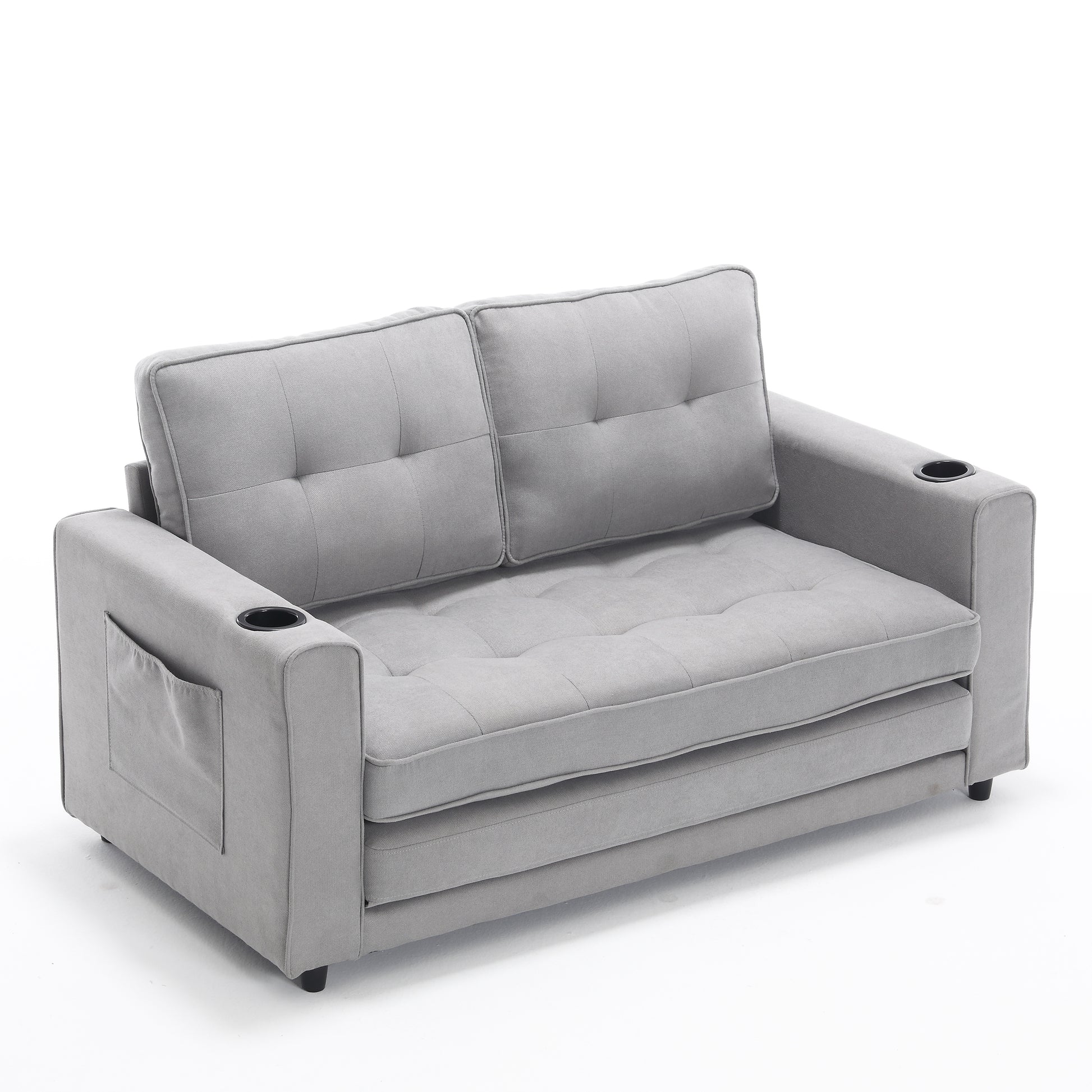 Light grey tufted loveseat sofa with builtin cup holders and side pocket