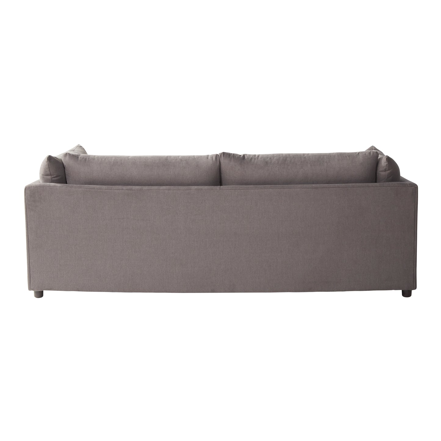 Back view of a comfortable grey fabric sofa with plush back cushions and sturdy legs