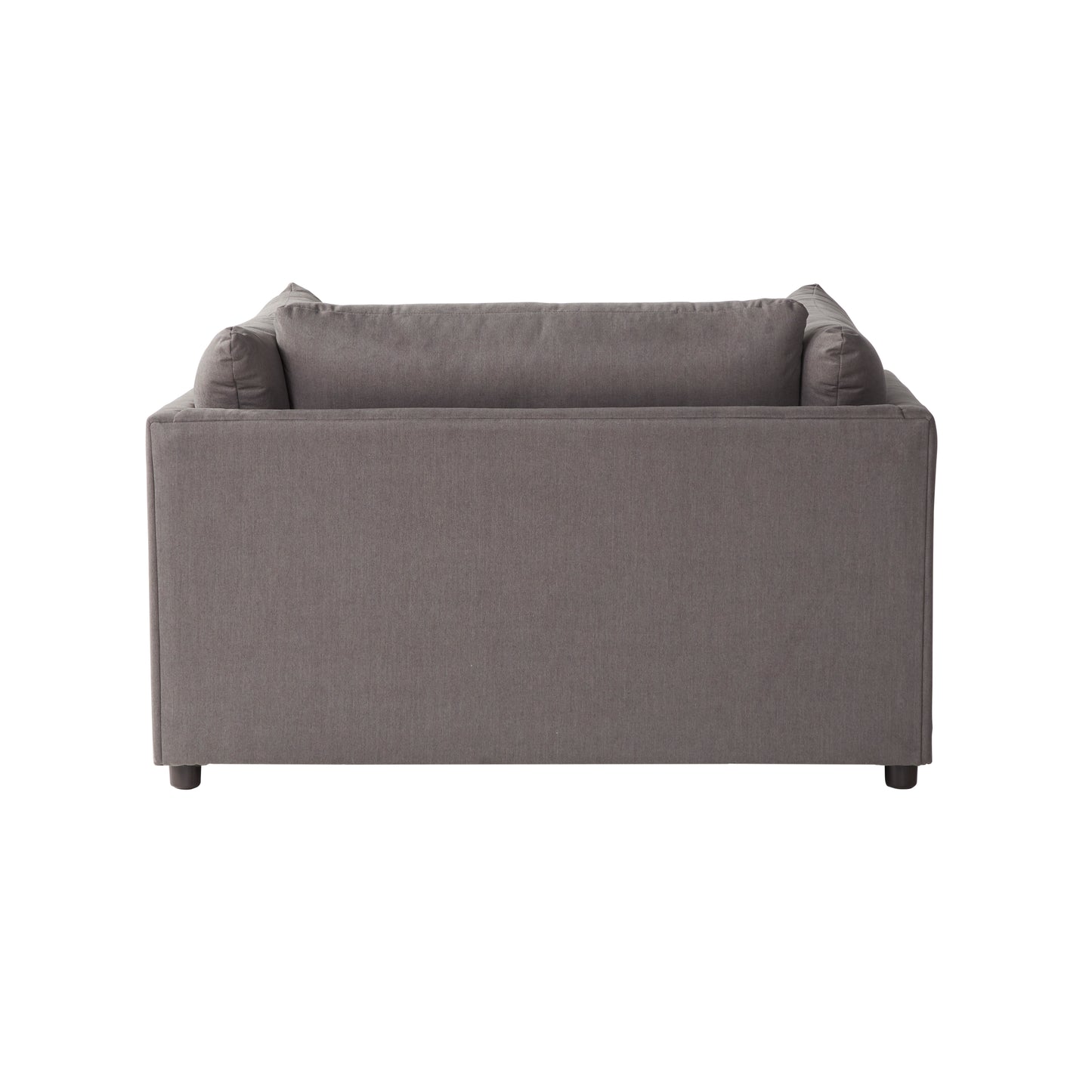 Back view of a comfortable modern grey fabric armchair with plush back cushions