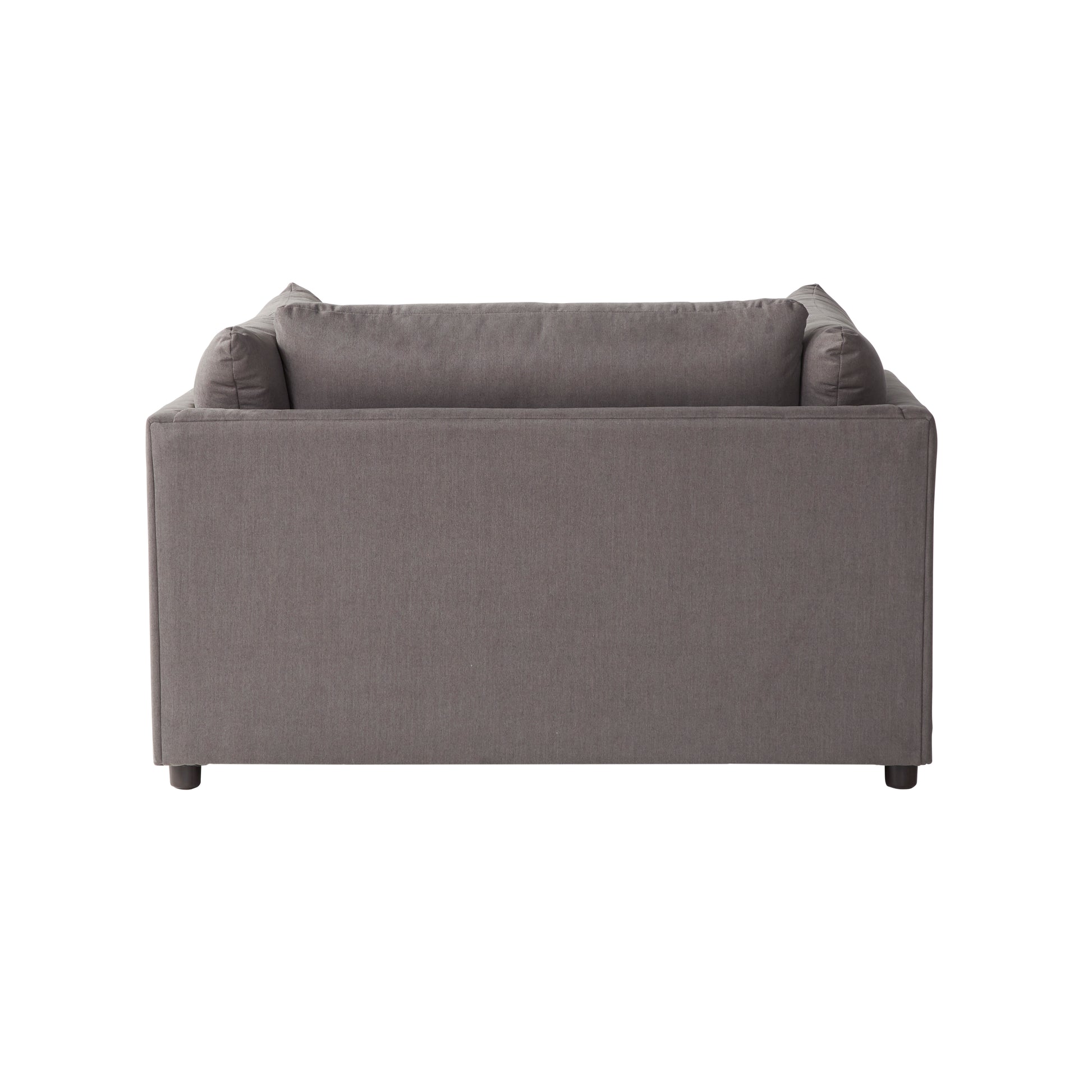 Back view of a comfortable modern grey fabric armchair with plush back cushions