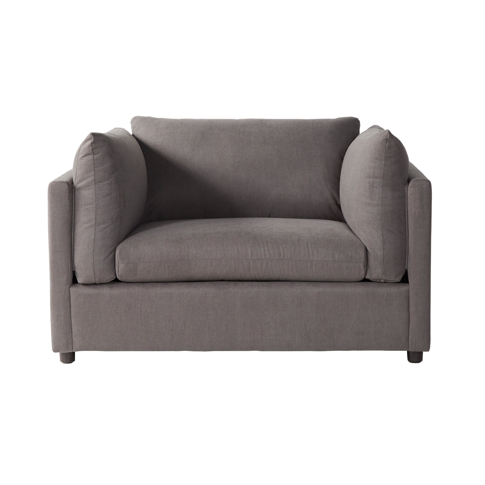 Modern gray fabric armchair with plush cushions and square arms