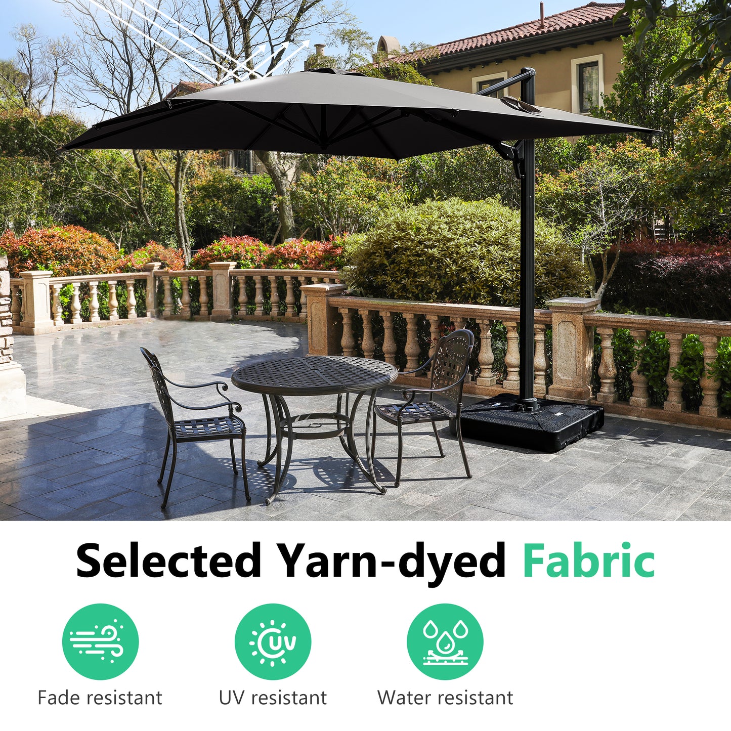 Large black cantilever patio umbrella providing shade over an outdoor seating area with a round metal table and chairs