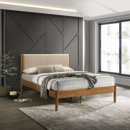 Midcentury modern oak wood bed frame with upholstered headboard