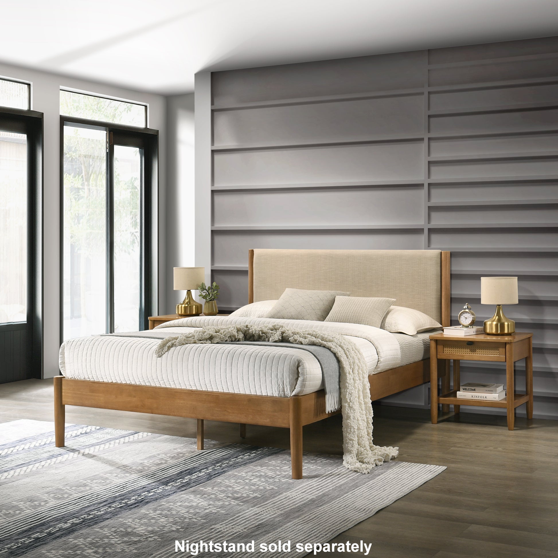 Modern wooden bed frame with upholstered headboard in a neutral tone queen size