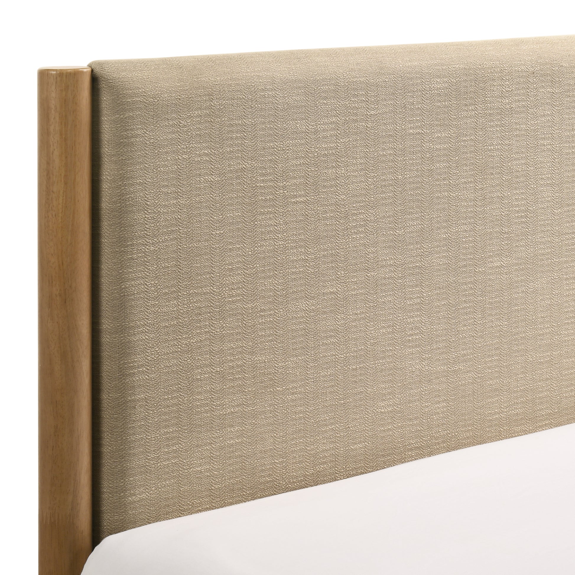 Natural wood framed upholstered headboard in a textured beige fabric modern minimalist design