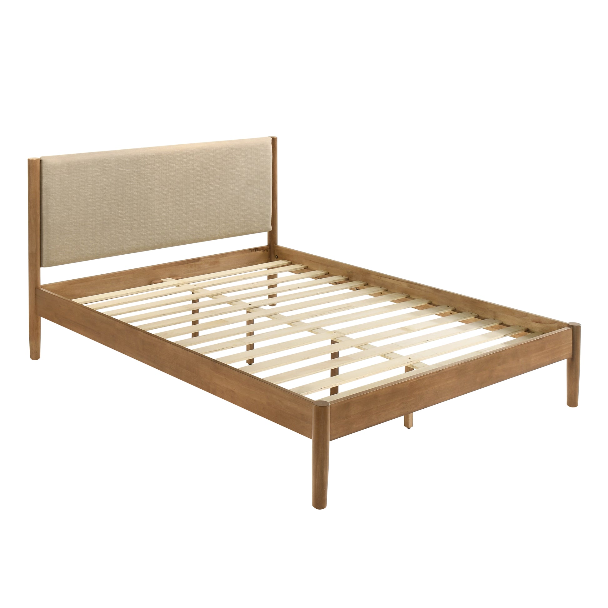 Minimalist wooden platform bed frame with upholstered beige headboard and natural wood finish