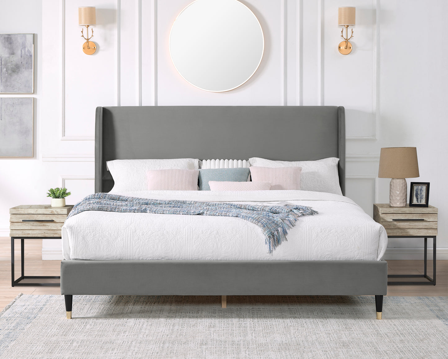 Luxurious queen size grey velvet bed with upholstered wingback headboard and black gold legs