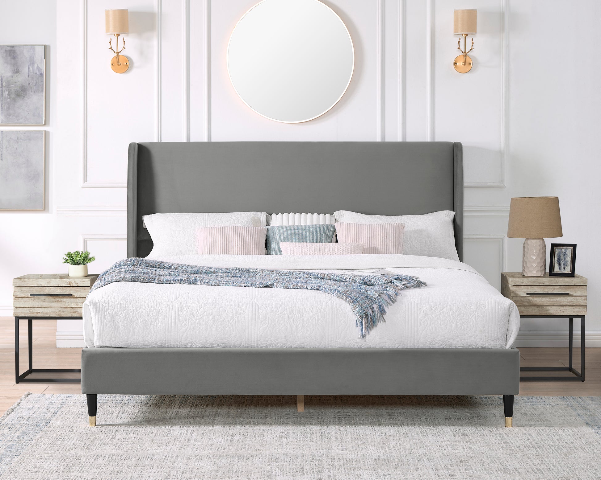 Luxurious queen size grey velvet bed with upholstered wingback headboard and black gold legs