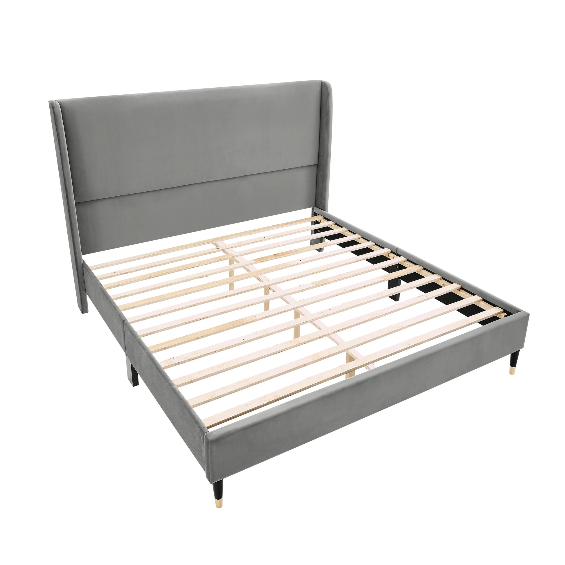 Grey velvet wingback bed frame with wooden slats and goldtipped legs