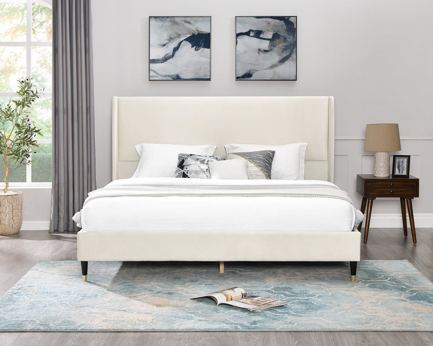 Elegant cream upholstered bed frame with tufted headboard perfect for a modern bedroom