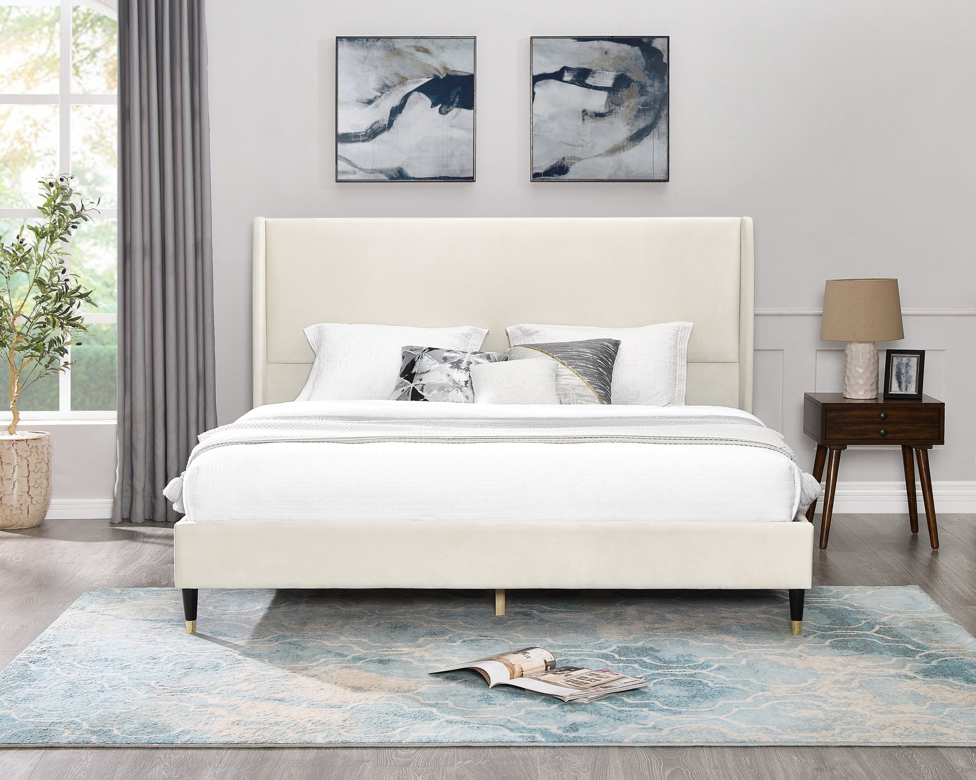 Elegant cream upholstered bed frame with tufted headboard perfect for a modern bedroom