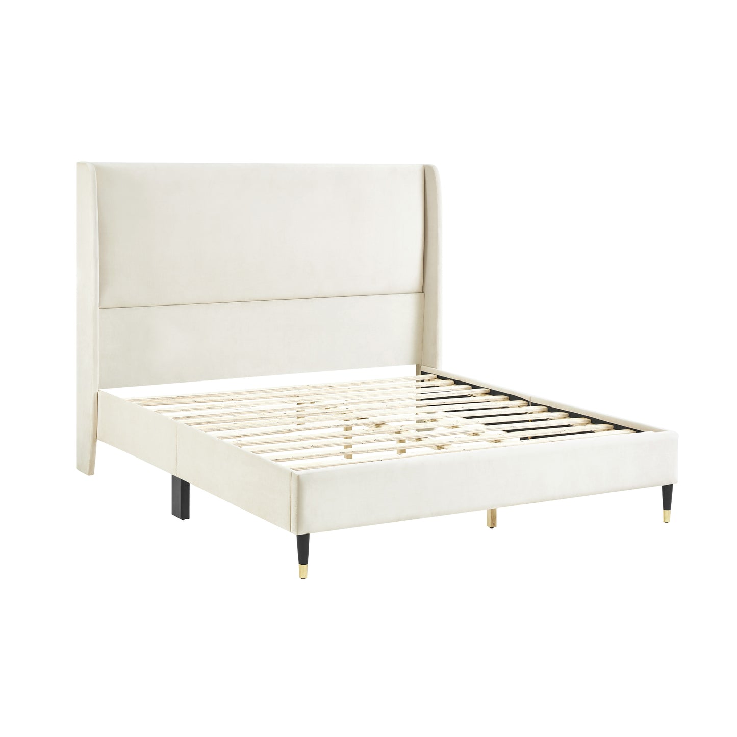 Cream velvet wingback bed frame with wood slats and goldtipped black legs
