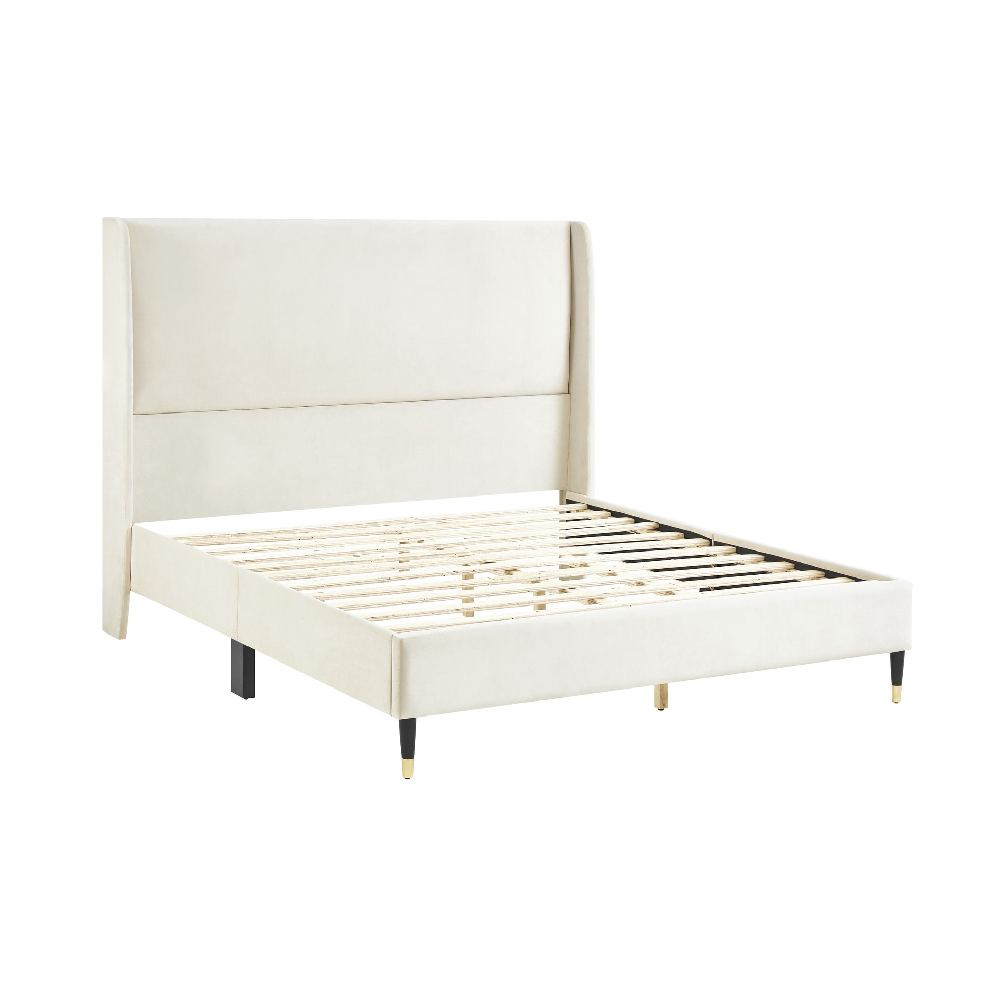 Cream velvet wingback bed frame with wood slats and goldtipped black legs