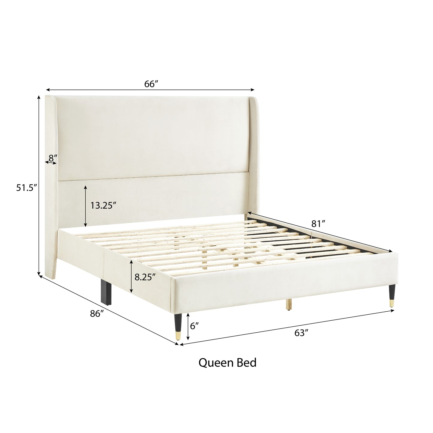 Elegant ivory velvet queen bed with winged headboard and goldtipped black legs