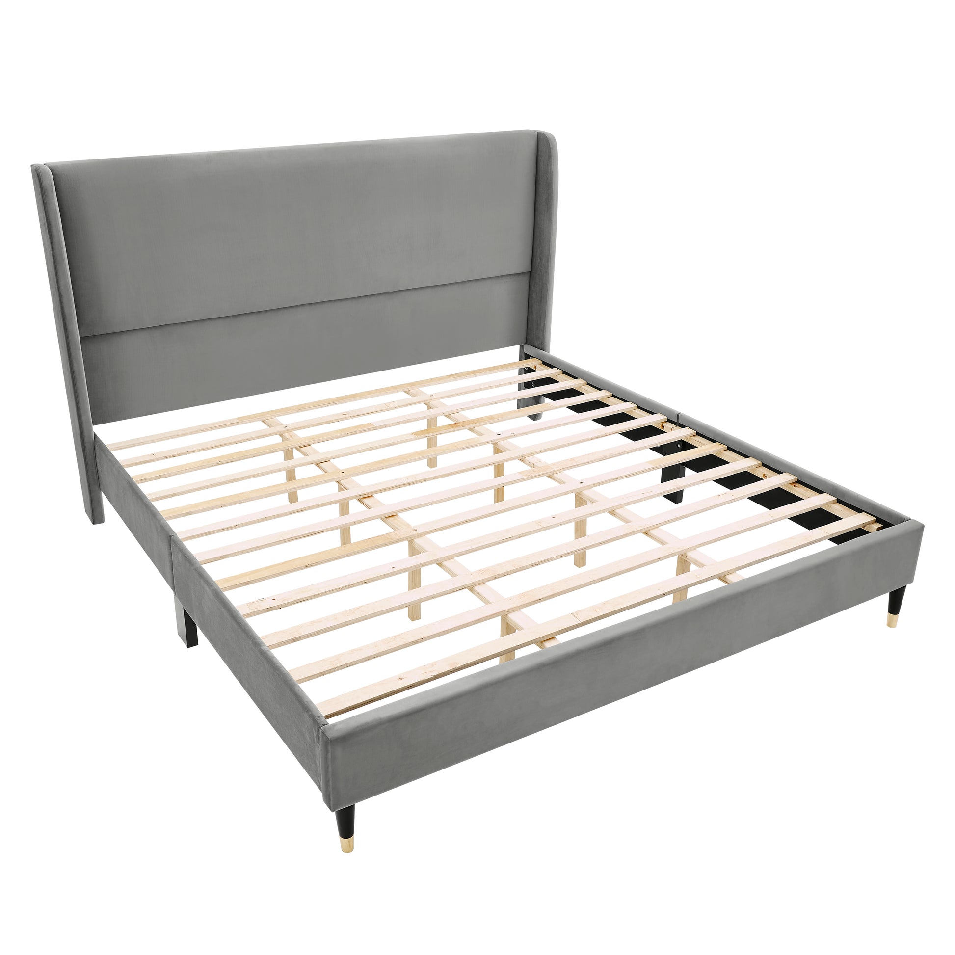 Gray velvet wingback bed frame with wood slat support