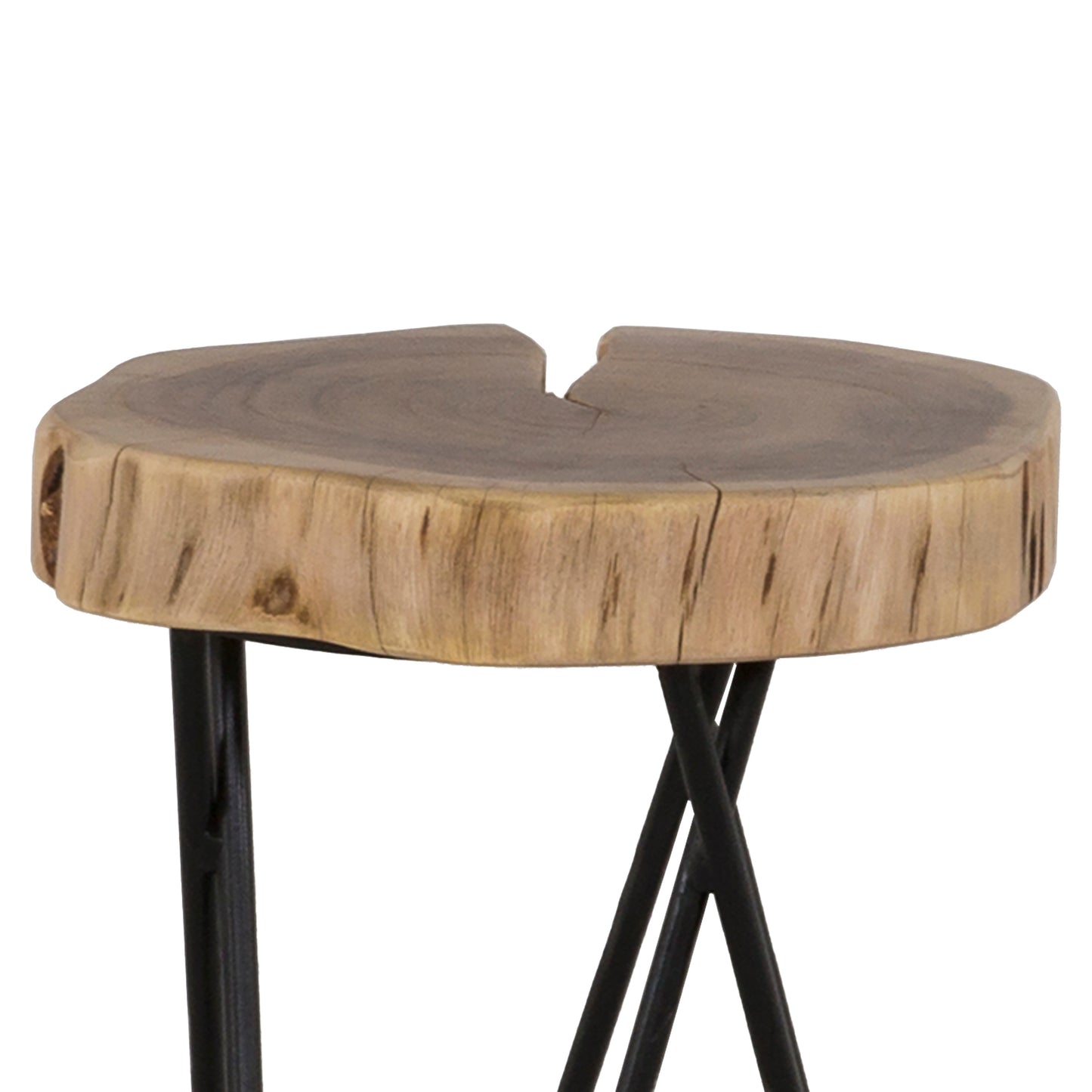 Natural wood slice end table with black metal legs rustic charm