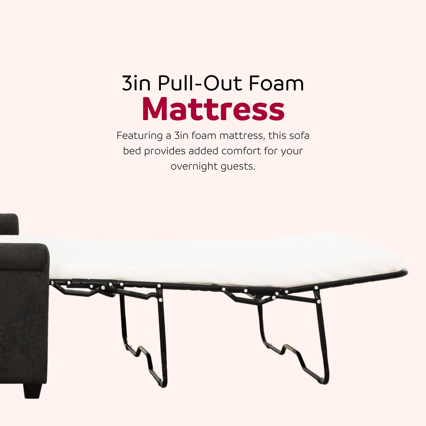 in pullout foam mattress in white with black metal frame perfect for sofa beds
